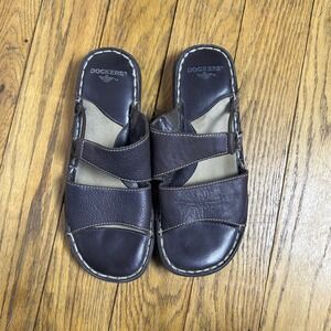 Y2K Dockers Loopie Brown Leather Slide Sandals Womens 7.5 Contrast Stitch